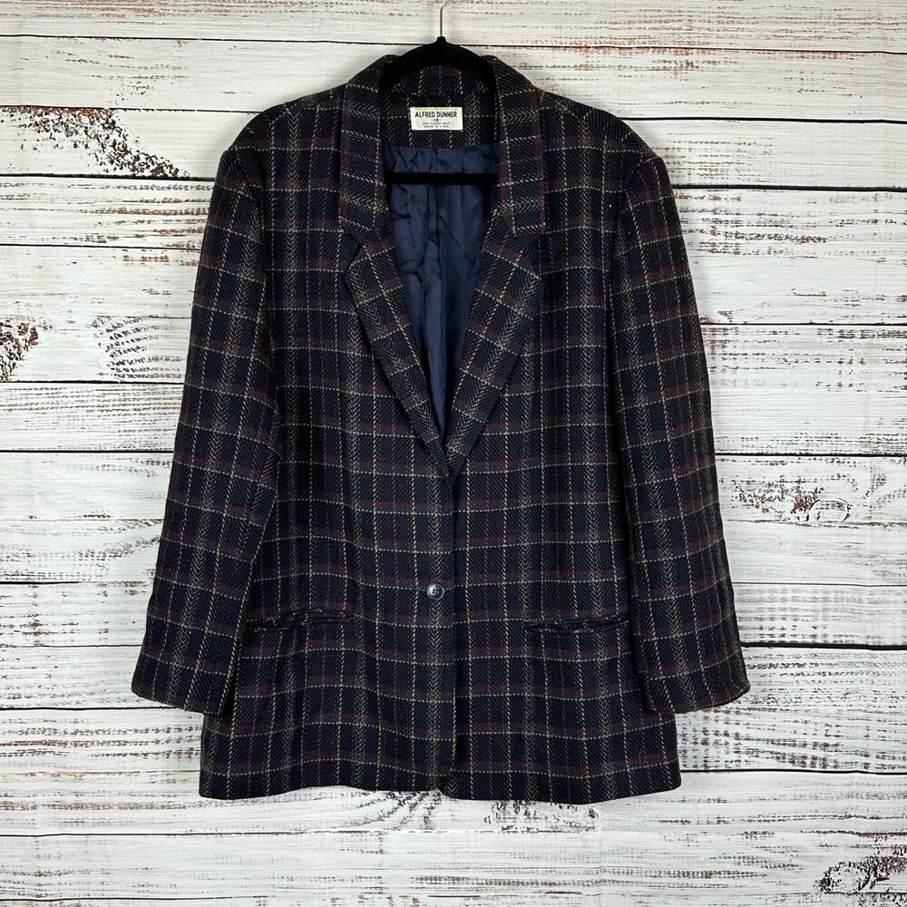 Vintage Alfred Dunner Navy Blue Plaid 100% Wool Blazer Lined Career Womens 18
